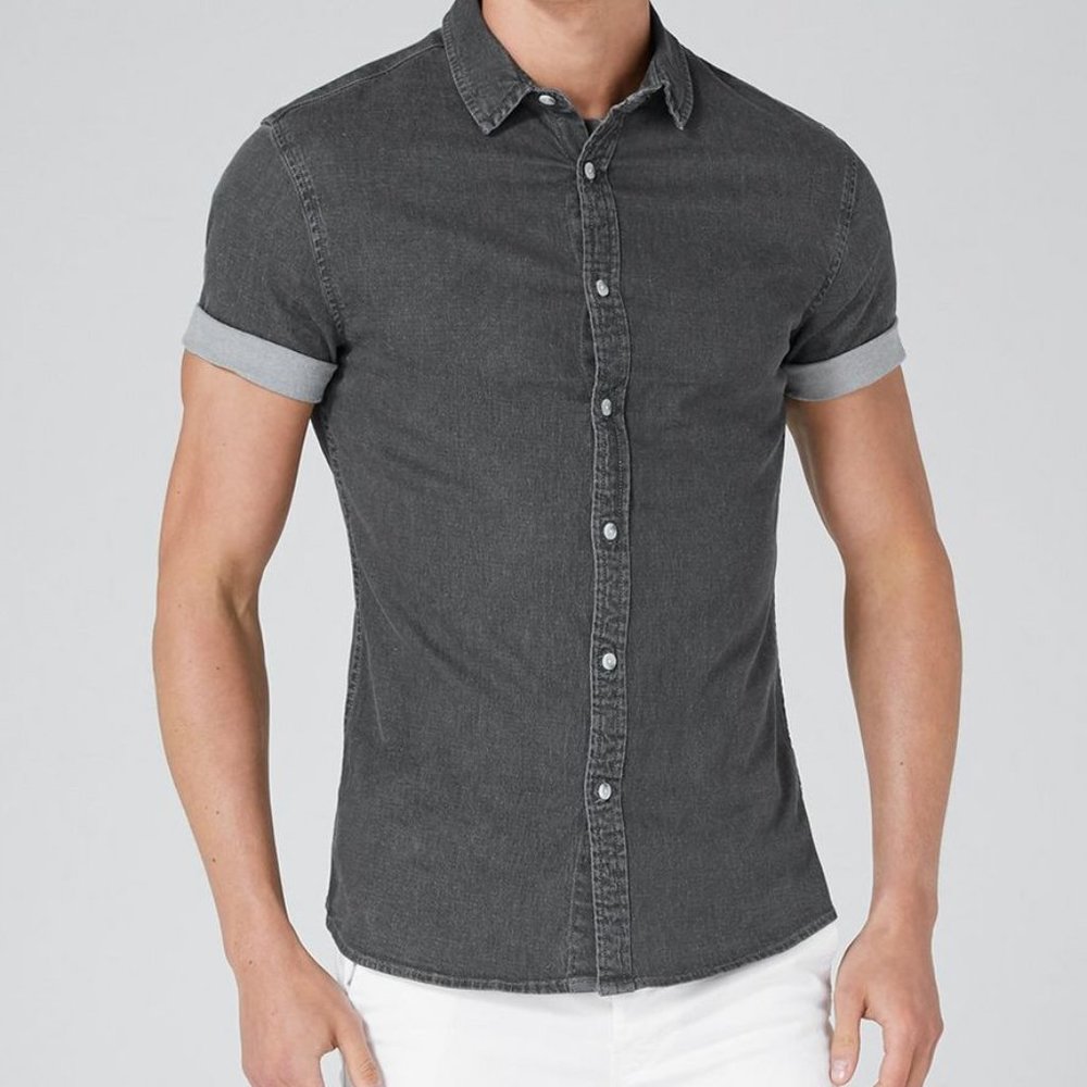 Men's Topman Gray Short Sleeve Denim Shirt